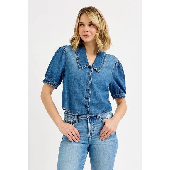 RISEN Button Down Short Puff Sleeves Medium Washed Casual Cropped Denim Shirt - Picture 4 of 7